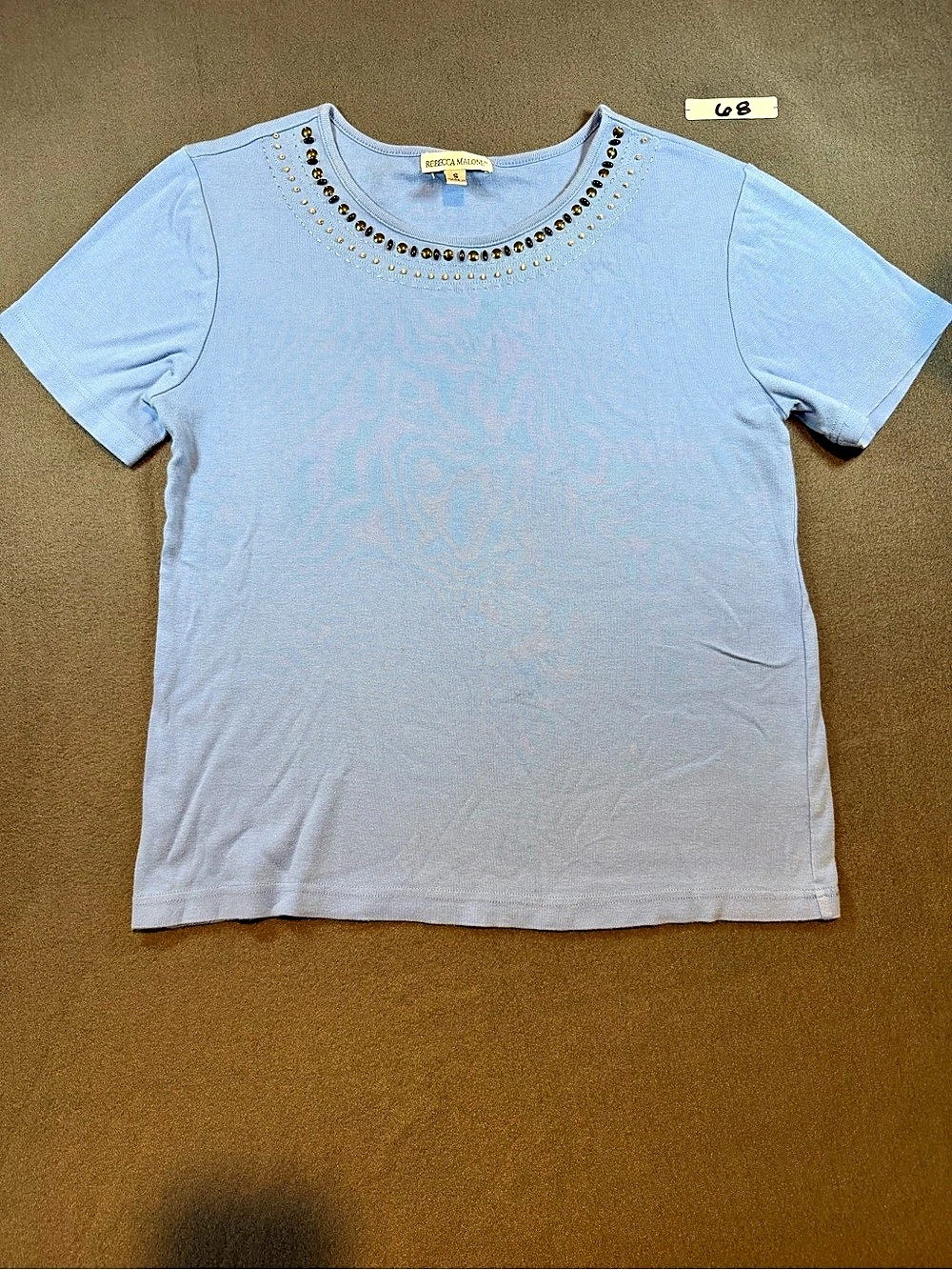 Rebecca Malone Embellished Short Sleeve Top in Blue Size Small
